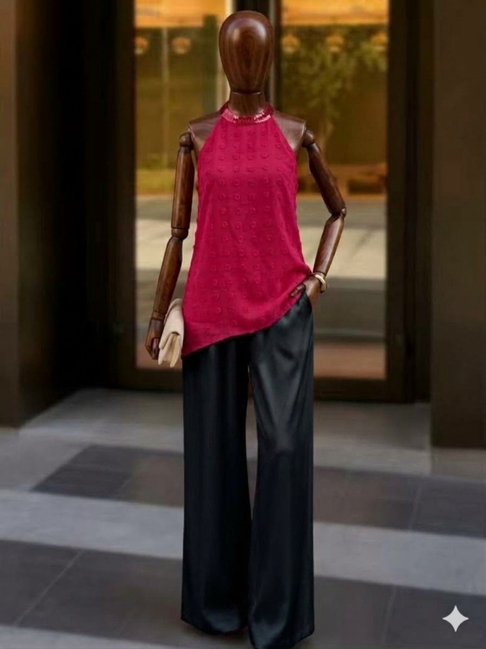 SEPT & CO. Boutique Women’s Red Satin Sequin Halter Sleeveless Zip Tank L